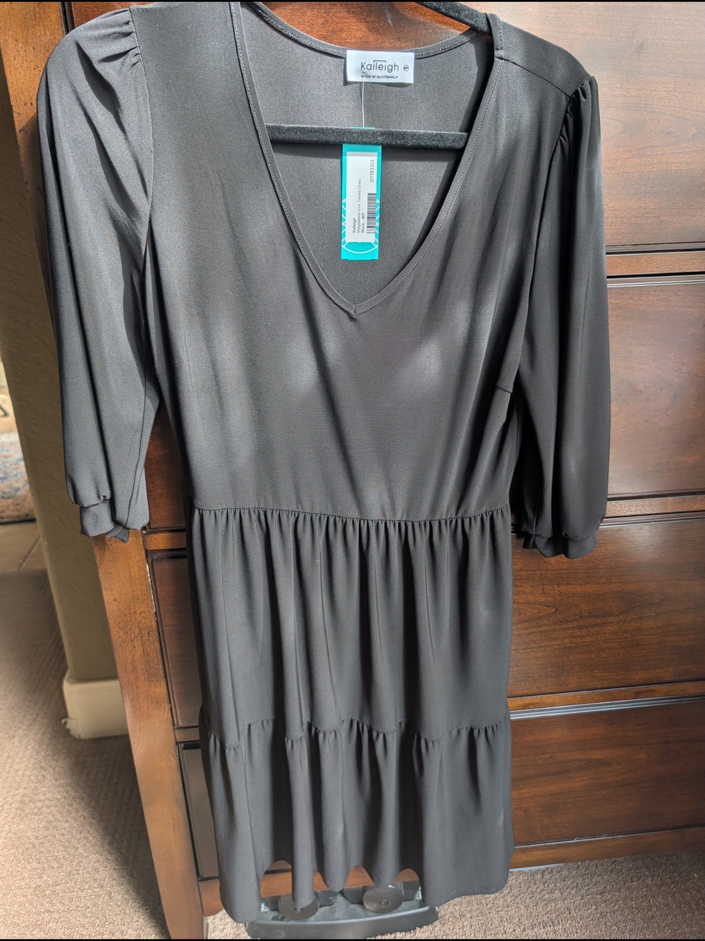 Kaileigh Black V-Neck Tiered Midi Dress with Puff Elbow Sleeves